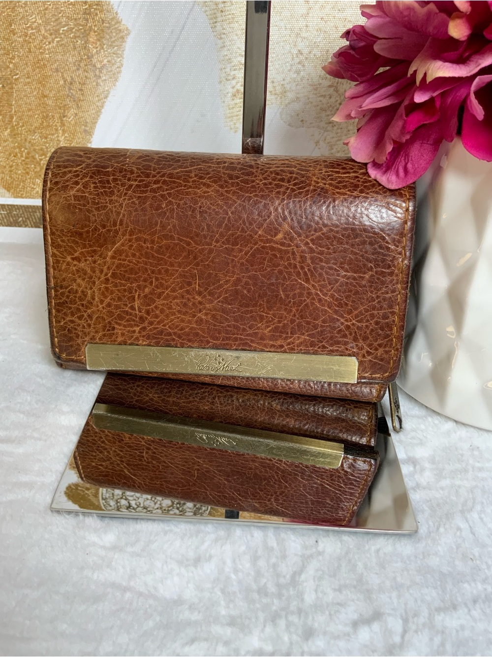Patricia Nash Chestnut Brown Leather Wallet with Gold Bar
